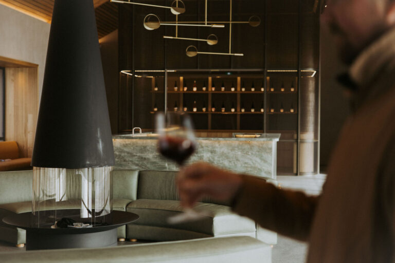 Wine tasting lounge and fireplace at Small Wonder’s new cellar door and restaurant