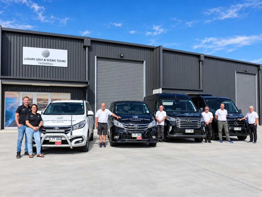 Adam, Tilly and the Tasmanian team with LGST’s fleet at the Launceston Airport headquarters